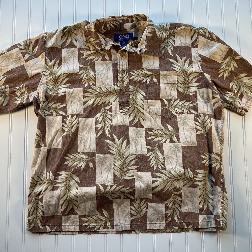 Ono & Company Mens Aloha Hawaiian Shirt Medium Palm Brown 1/4 Button Pullover XL